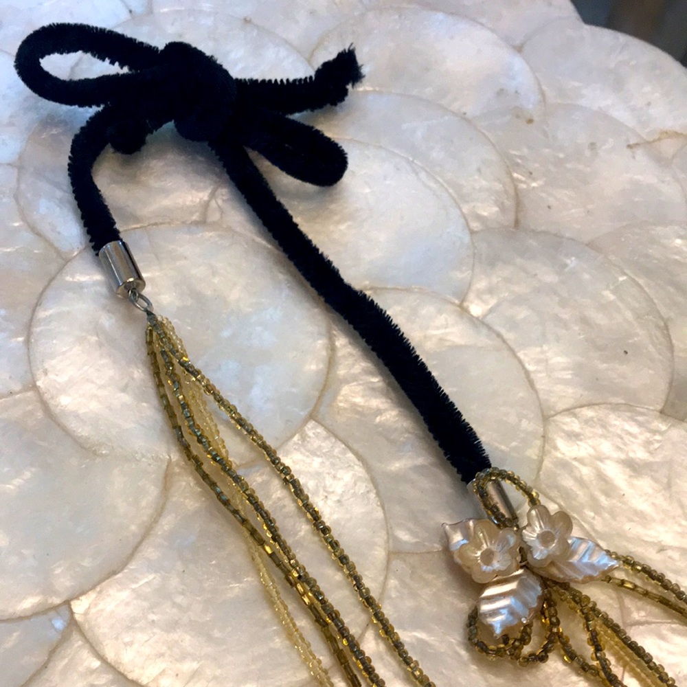 BLACK VELVET CORD with SHELL FLOWERS & GOLD BEADED NECKLACE